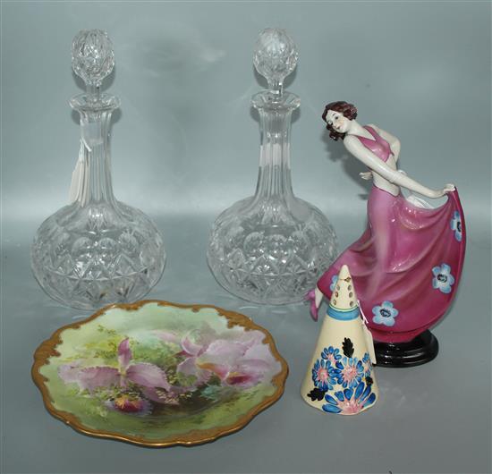 Art Deco porcelain dancer, Clarice Cliff sugar sifter, pair glass decanters and stoppers and a Doulton cabinet plate